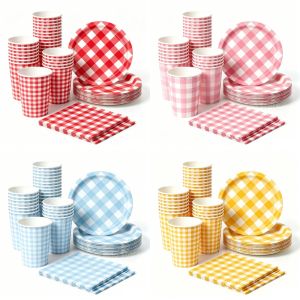 Hasbro | 60Pcs Pink Blue Red Green Checkered Themed Disposable Tableware Set for Picnic Birthday Party Baby Shower Wedding Party Supplies