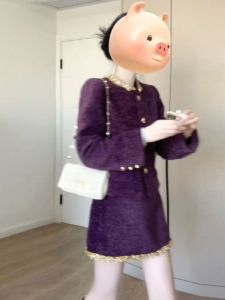 CHANGTONG | French Style Short Coat And Skirt Set Purple Color Classy And Elegant Two Piece Suit Cotton Material Long Sleeve Round Collar