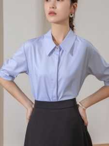 เสื้อเชิ้ตสีฟ้าผู้หญิงชุดสัมภาษณ์ข้าราชการพลเรือนสำหรับใส่ทำงานในฤดูร้อนแขนสั้นกระโปรงผู้หญิงเสื้อเชิ้ตแขนระดับศอก