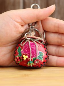 Top Layer Cowhide Mini Creative Bag Charm Red Fortune Bag Keychain Adorable Mini Pouch Hanging Decoration Gift
