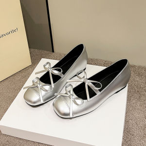 Silver Ballet Flat Shoes Womens 2025 New Inner Heightening Butterfly Knot One-Strap Small Mary Janes Leather Fashionable Flats