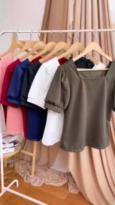Mihar store / COD Blouse atasan wanita bahan scuba leher kotak tangan balon / Blush polos lengan balon kekinian ootd korean style / blouse puff kroea - 11788
