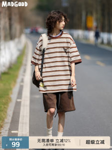 เสื้อยืดคอกลมแขนสั้นผ้าคอตตอน Madgood ทรงหลวม สไตล์วินเทจ ลายทาง สีสันสดใส สำหรับผู้หญิง ฤดูร้อน 2023