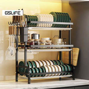 GSLIFE Rak Piring Stainless Steel Rak Piring Wastafel 2/3 Tingkat Rak Dapur Penyimpanan Rak Mangkuk Piring Dengan Aksesoris