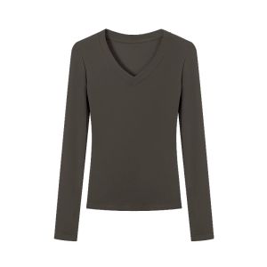 Floral Grey V-Neck Long Sleeve Cotton Blend Slim Fit Base Layer Shirt Womens Early Autumn Fashionable Tight Top Base Tee