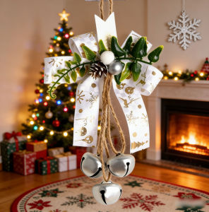 Christmas Bell Ornaments 3Pcs Jingle Bells with Bow Pine Cone Xmas Tree Hanging Decoration for Home Door Window Party Holiday