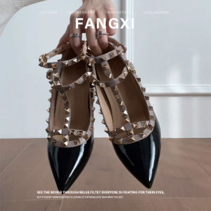 French Style Rivet Buckle Chunky Heels Platform Pumps Pointed Toe