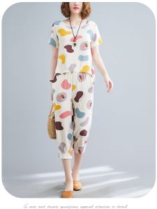 ชุดสองชิ้นผ้าฝ้ายซาตินแฟชั่นฤดูร้อนสำหรับผู้หญิง ชุดลำลองลายดอกไม้ขนาดใหญ่ ผ้าฝ้ายเทียม ชุดสองชิ้น ชุดลำลองสำหรับคุณแม่