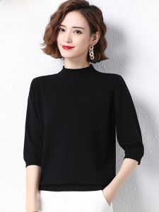 Hengyuanxiong ผู้หญิง ผ้าขนสัตว์ถัก เสื้อสเวตเตอร์ ฤดูใบไม้ผลิ ฤดูใบไม้ร่วง แขนกลางบาง หลวม พอดีสไตล์สั้นคอกลมครึ่งสูง เสื้อท่อนบน