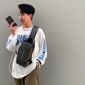 COD Chest Bag Men Anti-theft Sling Bag Waterproof USB Charging Shoulder Messenger Bags Fashion Outdoor Chest Pack Motorcycle Bagpack Password Lock