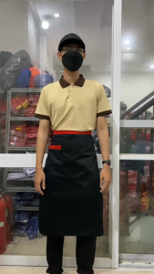 Trọn bộ đồng phục tạp dề ĐEN  Áo thun polo màu kem + Nón kết nửa đầu + Tạp dề ngắn đen vải kaki | Hàng đẹp sẵn nhiều