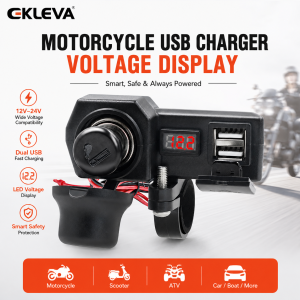 EKLEVA Motorcycle Dual USB Charger with Port Cig Lighter Socket and Voltage Display for Mobile Phone Tablet Charging Accessories