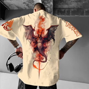 Breathable Cotton T-shirt Pokemon Print Crew Neck T-shirt Elastic Tee for Comfortable Sports Activities Durable&Skin-friendly