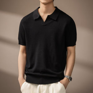 Mens Linen Check Texture Knit Short Sleeve V-neck T-shirt