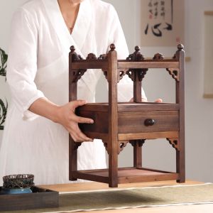 ไม้เนื้อแข็งชั้นวางถ้วยชาขนาดเล็กชั้นวางถ้วยชาจัดวางเป็นชั้นวางชาโบราณชั้นวางทรงสี่เหลี่ยมผืนผ้า