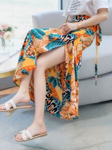 Floral Print Wrap Skirt Womens Summer 2024 Bohemian Style Half-length Sun Protection Polyester High-waist Asymmetrical