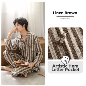 JIALEFEN | Men Cotton Long Sleeve Striped Pajama Set