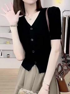 Black V-neck Slim Fit Summer Top