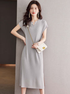 Rayon Knitted Dress Womens Short-Sleeved Loose Slimming V-Neckline Long T-shirt Skirt Fashionable Stylish Slit Overknee Long Dress