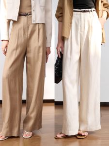 JPOO Summer Cool Loose Feeling Linen Lyocell Wide Leg Casual Pants Long Trousers Women High Waist Straight Cut Loose Fit