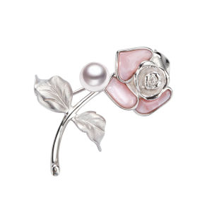 Womens Akoya Sea Pearl Rose Design Brooch 925 Silver