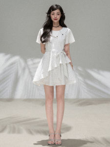 KEIKO | Elegant Sweet White Check Collar Irregular Ruffle Dress