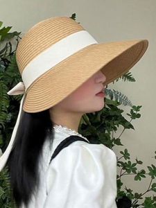 Elegant French Ribbon Butterfly Knot Straw Hat Womens Summer UV Protection Sunshade Beach Hat Face Slimming Large Brim Cap