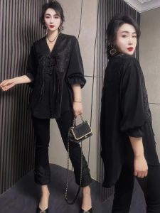 Elegant plus Size Fashion Set Womens V-Neck Button up Shirt And Pants Slimming Two-Piece Suit Traditional Chinese Style