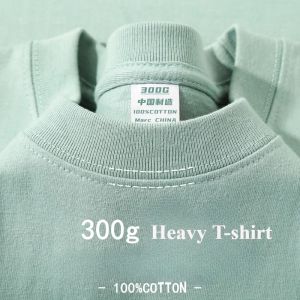 Summer Light Green Heavy Weight 300G Short Sleeved T-shirt Cotton  Mens Loose Casual Base Shirt Korean Tee Womens