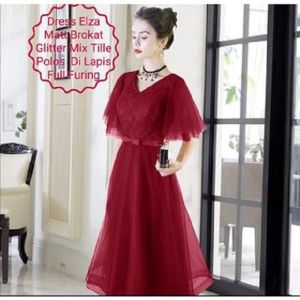 Dress Wanita Midi Terbaru Matt Brokat Glitter/Dress Elza Size L-XL Cocok Untuk Acara Natal & Pesta