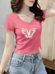 เสื้อยืดแขนสั้นทรงเข้ารูปเอวสูง ผ้าโมดอล สำหรับผู้หญิง ฤดูร้อน 2024 เสื้อยืดคอวี แขนสั้น ผ้าฝ้ายผสมโพลีเอสเตอร์ แฟชั่น