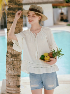 XIANGYING | Hollow-out Loose Flared Sleeve Vintage White Shirt