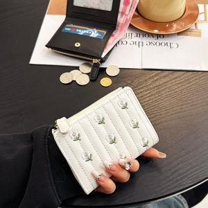 Womens Short Wallet K-style Embroidered Cute Refreshing Student Multi-Card Holder Folding Zipper Small Wallet Card Holder