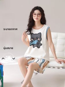 MiiOW | ชุดนอนแขนสั้นผ้าฝ้ายแท้ MiiOW 2025 ฤดูร้อน ชุดนอนผู้หญิง แขนสั้น แขนกุด คอตตอน ระบายอากาศได้ดี ลายการ์ตูนน่ารัก เสื้อผ้าใส่ในบ้าน