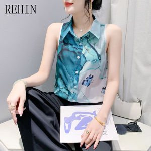 REHIN Summer new fashion printing sleeveless shirt versatile Slim Floral Printing Elegant Womens Tops