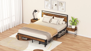 KEKEE Steel-wood Bed Frame Thickened Plate Double Bed Rack Iron Frame Bed Waterproof Moisture-proof High Load-bearing Formaldehyde-free