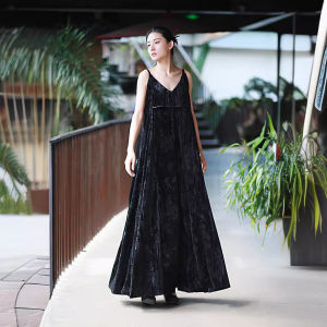 Velvet Strapless Dress Chinese Style Print Long Designer Base Black Designer Velvet Print Midi Dress Vintage Style A-Line Skirt