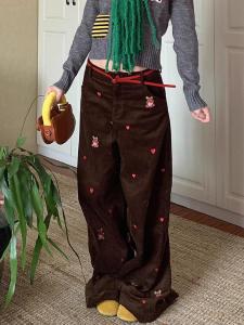 Retro American High Street Embroidered Heart Bear Corduroy Wide Leg Pants Womens Summer Straight Casual Loose Versatile Jeans