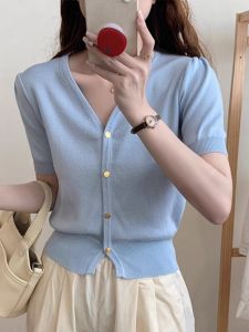 PEIXI | French Blue V-Neck Short Sleeve Lightweight Short Knitted Top