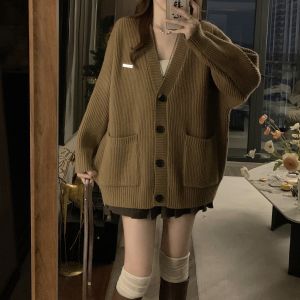 plus Size Korean Style Thickened Open Cardigan Sweater Womens Autumn Winter V-neck Loose Knitted Top Fashion Commute Pure Color