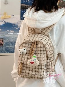 Cute Mini Plaid Backpack Korean Style Casual Student Double Shoulder Bag Soft Polyester Material Zipper Closure Comfortable Padded Back