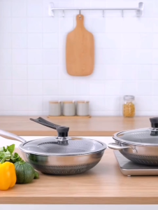 สแตนเลส304 32cm กระทะไม่ติดกระทะ ทำความสะอาดง่าย สําหรับเตาทุกประเภท กระทะรังผึ้งก้นลึก