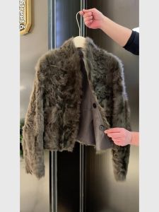 QFN | Korean Retro Design Khaki Green Furry Warm Womens Winter Cardigan