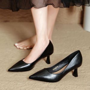 Black High Heels Soft Leather Slip-On Womens Shoes Comfortable Non-Slip Fashionable Pointed Toe Thin Heel New 2024 Model