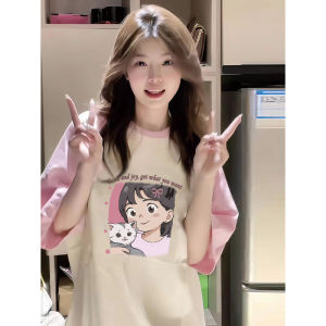Pink Cotton T-Shirt Womens Loose Short Sleeve Summer Top Korean Style Printed Casual Fashion for Teen Girls And College Students