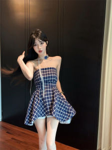 GUZILIAN | Summer Womens Halter Neck Plaid Crop Top Irregular Stripes Korean Style Slim Fit Durable Material Beautiful Shoulder Baring