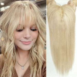 100% Remy Human Hair Topper for Women 10 Inches Blonde Human Hair Pieces Topper With Bangs Silk Base Human Hair Extension