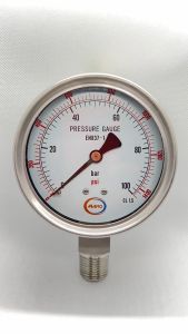 MANO Pressure gauge 100 Bar (1450 psig) Dial Size 4 inch Accuracy 1.5% Material Stainless connector 1/2" NPT