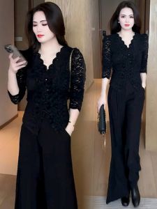 Korean Style Sweet Lace Base T-Shirt Womens Spring Autumn New Fashion V-Neck Top Elegant Personality Long Sleeve Casual Wear