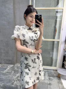 YUFUQING | Retro Chinese Style Short Sleeve Cheongsam Dress Womens Summer New High Waist Gown Elegantly Printed With Floral Motifs